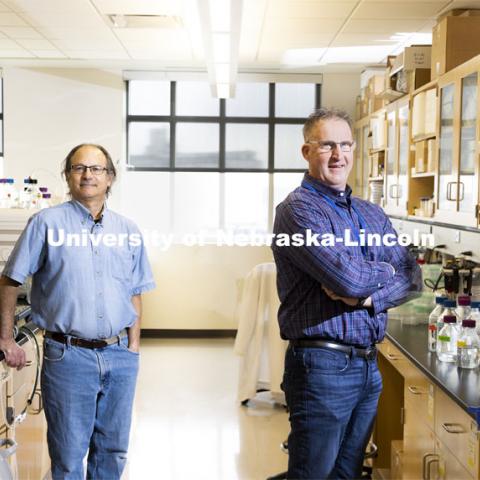 Robert Hutkins and Andy Benson are photographed in the Nebraska Food for Health Center. This image is a composite so the two researchers could appear in one photo without masks. January 22, 2021. Photo by Craig Chandler / University Communication