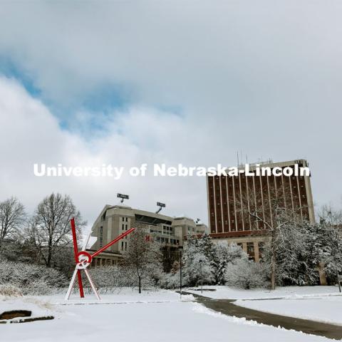 Old Glory is dusted with snow. January 26, 2021. Photo by Katie Black / University Communication.