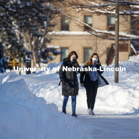 Students met the first day of classes for spring semester with the campus covered in deep snow after a record-setting snowfall caused a two-day delay in the start of the "spring" semester. January 27, 2021. Photo by Craig Chandler / University Communication.