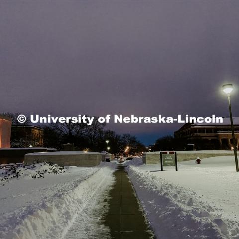 After a record-setting snowfall, the paths are cleared for the student's first day back. Snow in January on City Campus. January 27, 2021. Photo by Katie Black / University Communication.