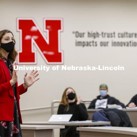 Laurie Miller teaches ECON 481 - Economics of the Labor Market. February 2, 2021. Photo by Craig Chandler / University Communication.