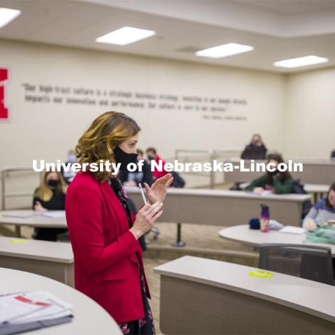 Laurie Miller teaches ECON 481 - Economics of the Labor Market. February 2, 2021. Photo by Craig Chandler / University Communication.