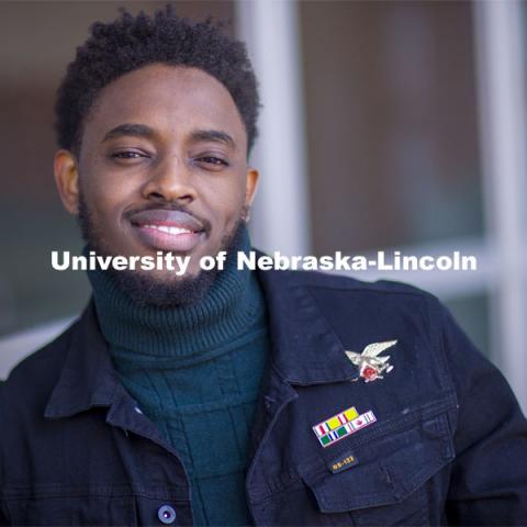 Damien Niyonshuti, an integrated science major from Kigali, Rwanda, stands in front of the Gaughan Multicultural Center. He hopes to use his leadership and involvement experiences at Nebraska to benefit others. Niyonshuti is very involved with ASUN, the Black Student Union, Big Red Startups, UNL Honors Program, and Sustainability. He is passionate about giving back to the community and eventually wants to go back to his home continent of Africa and his country of Rwanda: “If I can look back at my life and feel like I have made their life a bit easier, I will definitely feel fulfilled.”  February 19, 2021. Photo by Craig Chandler / University Communication.

