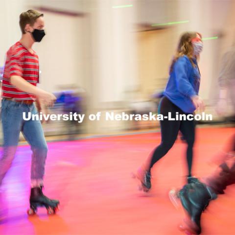 Students skate during the Club 80 Roller Skating Event in the Nebraska Union Ballroom on Friday, February 19, 2021, in Lincoln, Nebraska. Photo by Jordan Opp for University Communication.