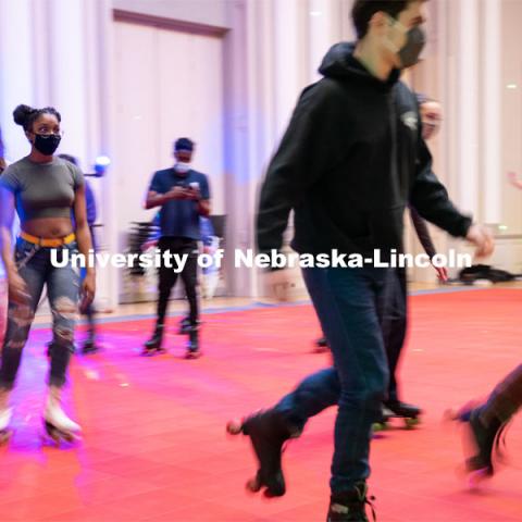 Students skate during the Club 80 Roller Skating Event in the Nebraska Union Ballroom on Friday, February 19, 2021, in Lincoln, Nebraska. Photo by Jordan Opp for University Communication.