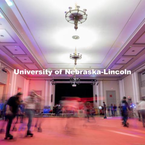 Students skate during the Club 80 Roller Skating Event in the Nebraska Union Ballroom on Friday, February 19, 2021, in Lincoln, Nebraska. Photo by Jordan Opp for University Communication.