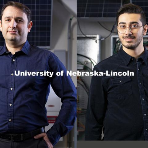 A team of researchers from three University of Nebraska institutions is among the finalists in a global competition to develop an artificial intelligence-driven model to advise policymakers on how it is best to handle the COVID-19 pandemic.  Two graduate students are working with Fadi Alsaleem, assistant professor of architectural engineering at the University of Nebraska-Lincoln. From left is Mostafa Rafaiejokandan and Mohammad Ali Takallou.  Photos by Ryan Soderlin/UNO. Photos taken February 2021