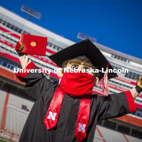 A masked Herbie Husker holding a diploma, poses in regalia to announce spring commencement will be in Memorial Stadium. March 1, 2021. Photo by Craig Chandler / University Communication.