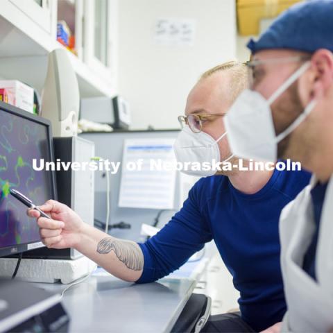 Evan LaBrant points to the coloration on the nucleus, which is irregular, and indicates the protein he tagged.He and Zach Shomo are looking at a confocal microscope image of a plant cell. Photo shoot in Rebecca Roston’s biochemistry lab in Beadle Hall. March 2, 2021. Photo by Craig Chandler / University Communication.