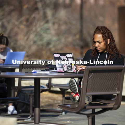 Students studying outside enjoying the warm weather on city campus. March 4, 2021. Photo by Craig Chandler / University Communication.