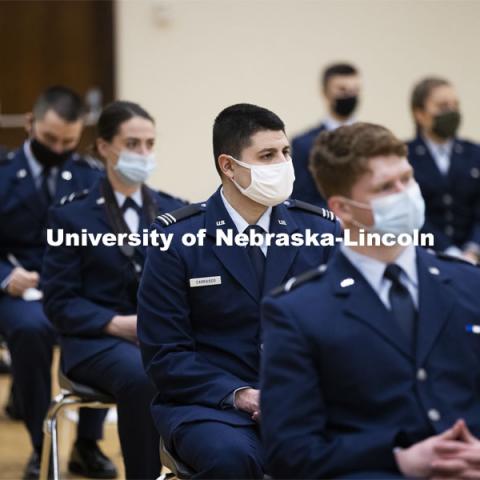 President Ted Carter addresses the Air Force and Navy ROTC Cadets in the Union’s Centennial Hall. March 4, 2021. Photo by Craig Chandler / University Communication.