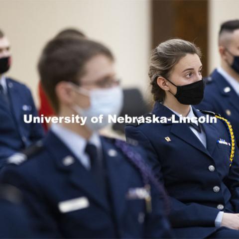 President Ted Carter addresses the Air Force and Navy ROTC Cadets in the Union’s Centennial Hall. March 4, 2021. Photo by Craig Chandler / University Communication.