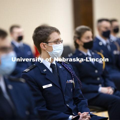 President Ted Carter addresses the Air Force and Navy ROTC Cadets in the Union’s Centennial Hall. March 4, 2021. Photo by Craig Chandler / University Communication.