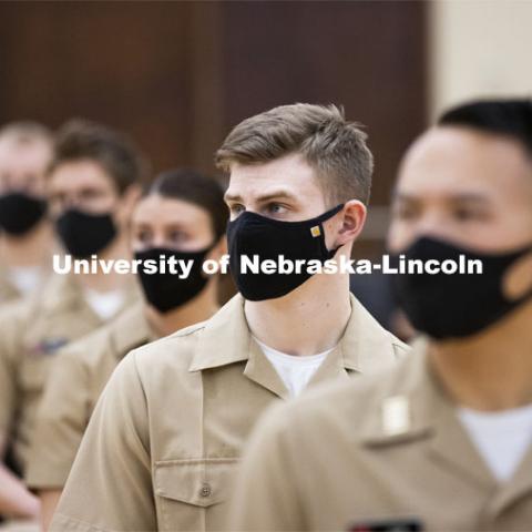 President Ted Carter addresses the Air Force and Navy ROTC Cadets in the Union’s Centennial Hall. March 4, 2021. Photo by Craig Chandler / University Communication.