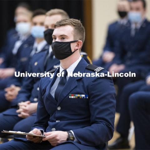 President Ted Carter addresses the Air Force and Navy ROTC Cadets in the Union’s Centennial Hall. March 4, 2021. Photo by Craig Chandler / University Communication.