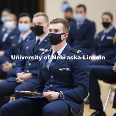 President Ted Carter addresses the Air Force and Navy ROTC Cadets in the Union’s Centennial Hall. March 4, 2021. Photo by Craig Chandler / University Communication.