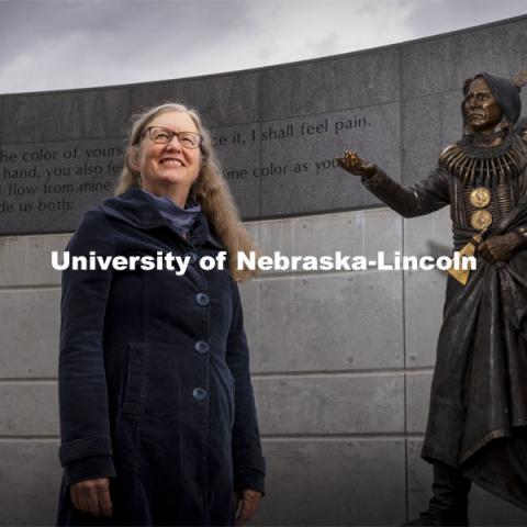 Margaret Jacobs, Chancellor's Professor of History; Director, Center for Great Plains Studies, with the statue of Chief Standing Bear. University of Nebraska-Lincoln. March 12, 2021. Photo by Craig Chandler / University Communication.