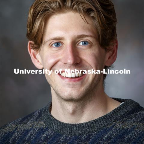 Studio portrait of Cole Kovarik, winner of DAAD award (nationally competitive scholarship) for graduate study in Germany. March 31, 2021. Photo by Craig Chandler / University Communication.