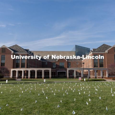 Flags are spread across the Nebraska Union Greenspace. Flags and signs are placed in the Nebraska Union Greenspace to promote Sexual Assault Awareness Month. April 4, 2021. Photo by Jordan Opp for University Communication.