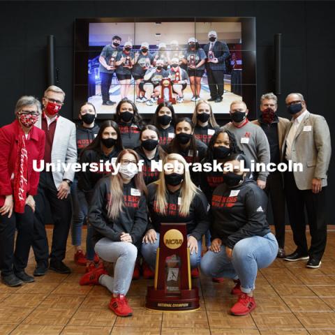 The Husker Bowling Team poses with their NCAA Bowling trophy. Chancellor Ronnie Green and Jane Green hosted a luncheon for the national champion bowling team. April 22, 2021. Photo by Craig Chandler / University Communication.