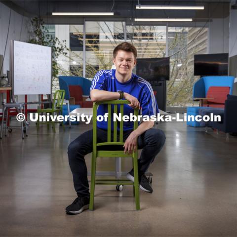 Ethan Bütt, a senior software engineering major is photographed in Johnny Carson Center for Emerging Media for an ASEM recruitment story. April 23, 2021. Photo by Craig Chandler / University Communication.  