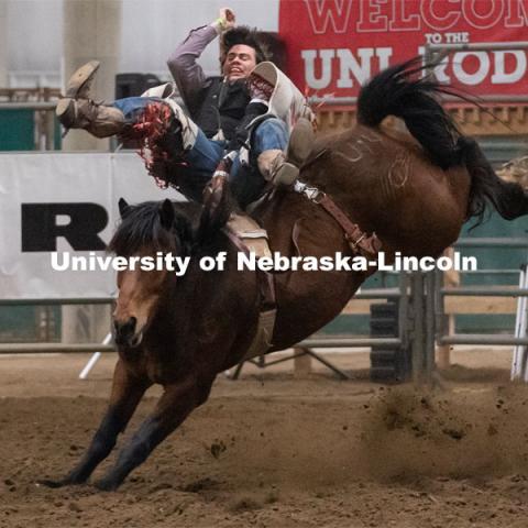 Nebraska’s Jack Miller competes in the bareback riding event during the Nebraska Cornhusker College Rodeo at the Lancaster Event Center. April 23, 2021. Photo by Jordan Opp for University Communications.