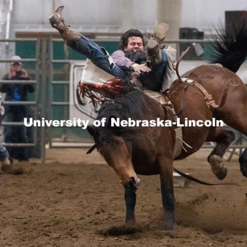 Nebraska’s Jack Miller competes in the bareback riding event during the Nebraska Cornhusker College Rodeo at the Lancaster Event Center. April 23, 2021. Photo by Jordan Opp for University Communications.