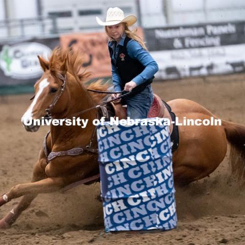 Nebraska’s Jullian Zaun competes in the barrel racing event during the Nebraska Cornhusker College Rodeo at the Lancaster Event Center. April 23, 2021. Photo by Jordan Opp for University Communications.