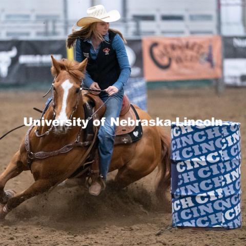 Nebraska’s Jullian Zaun competes in the barrel racing event during the Nebraska Cornhusker College Rodeo at the Lancaster Event Center. April 23, 2021. Photo by Jordan Opp for University Communications.