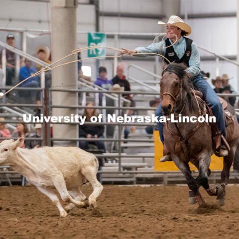 Nebraska’s Grant Lindsley competes in the tie down roping event at the Nebraska Cornhusker College Rodeo at the Lancaster Event Center. April 24, 2021. Photo by Jordan Opp for University Communications.