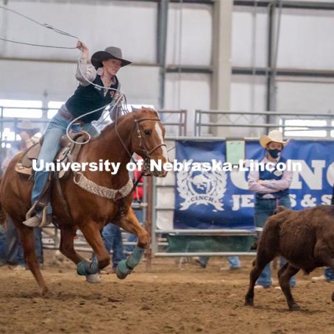 Nebraska’s Jacee De Vries competes in the breakaway roping event at the Nebraska Cornhusker College Rodeo at the Lancaster Event Center. April 24, 2021. Photo by Jordan Opp for University Communications.