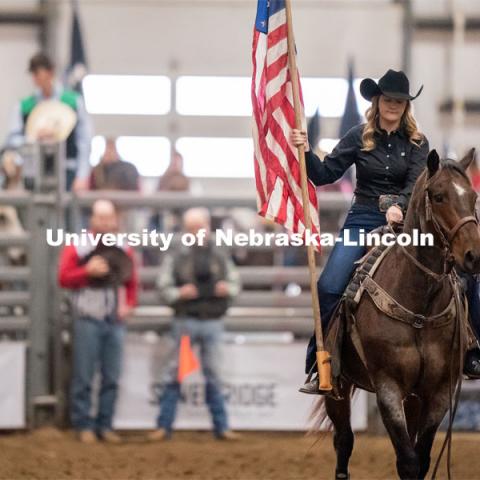 Cowboys lower their hats as the Star-Spangled Banner is performed before the Nebraska Cornhusker College Rodeo at the Lancaster Event Center. April 24, 2021. Photo by Jordan Opp for University Communications.