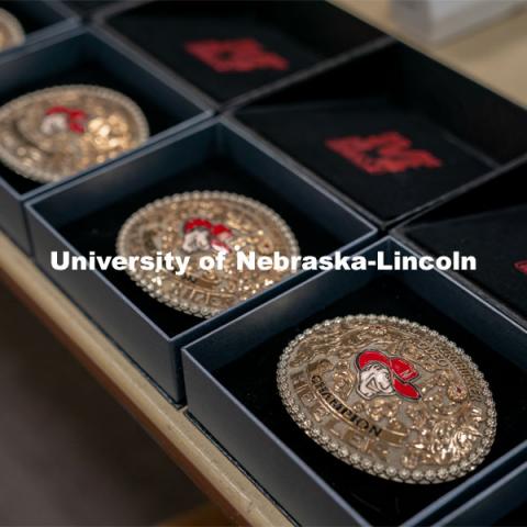 The medals that will be given to the winners of each event at end of the Nebraska Cornhusker College Rodeo at the Lancaster Event Center. April 24, 2021. Photo by Jordan Opp for University Communications.