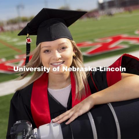 Maddie Washburn, senior in the College of Journalism and Mass Communications, spent her college career photographing for Husker Athletics and has also photographed the Super Bowl and the NFL Draft. April 26, 2021. Photo by Craig Chandler / University Communication.  