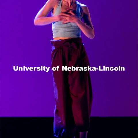 A University of Nebraska-Lincoln dance student performs a dance routine during a dress rehearsal of “An Evening of Dance”. April 27, 2021. Photo by Jordan Opp for University Communication.