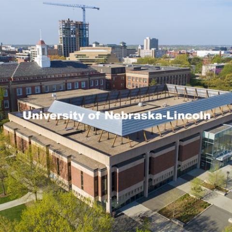 Love Library North will be under construction this summer. The freestanding columns and horizontal beams will be removed along with the roof facade. April 27, 2021. Photo by Craig Chandler / University Communication.