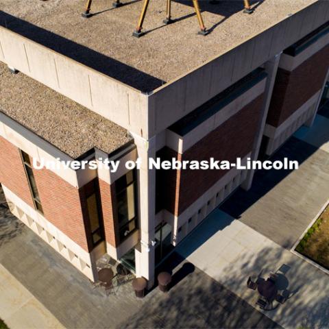 Love Library North will be under construction this summer. The freestanding columns and horizontal beams will be removed along with the roof facade. April 27, 2021. Photo by Craig Chandler / University Communication.