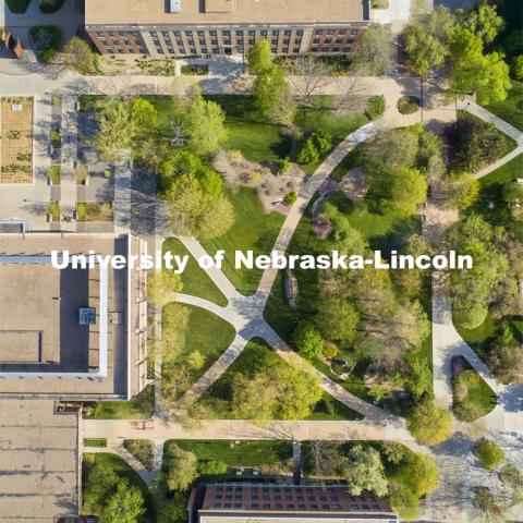 Love Library North will be under construction this summer. The freestanding columns and horizontal beams will be removed along with the roof facade. April 27, 2021. Photo by Craig Chandler / University Communication.