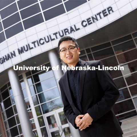 Tamayo Zhou for APIDA Heritage Month story. Zhou poses in front of the Jackie Gaughan Multicultural Center. April 27, 2021. Photo by Craig Chandler / University Communication.