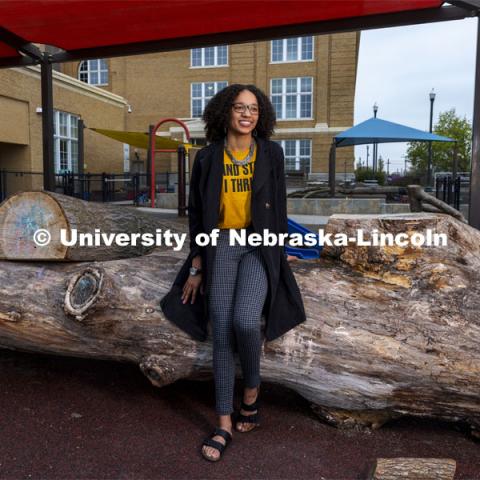 Brianna Miller, an elementary and early childhood education major, poses on a playground an ASEM recruiting story. April 28, 2021. Photo by Craig Chandler / University Communication.