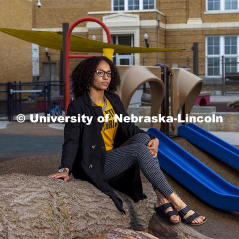 Brianna Miller, an elementary and early childhood education major, poses on a playground an ASEM recruiting story. April 28, 2021. Photo by Craig Chandler / University Communication.