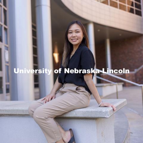 Chau Nguyen for APIDA Heritage Month story. Nguyen poses in front of the Jackie Gaughan Multicultural Center. April 29, 2021. Photo by Craig Chandler / University Communication.  