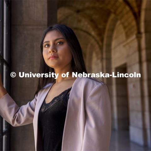 Andrea Trejo Hernandez, a double major in Psychology and Political Science, is pictured in the Nebraska State Capitol for an ASEM recruitment story. May 4, 2021. Photo by Craig Chandler / University Communication.  