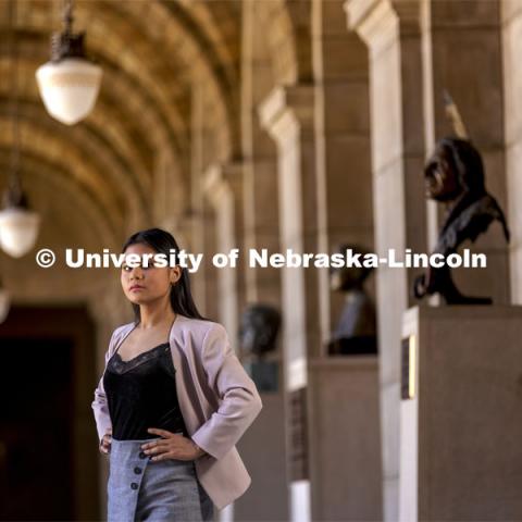 Andrea Trejo Hernandez, a double major in Psychology and Political Science, is pictured in the Nebraska State Capitol for an ASEM recruitment story. May 4, 2021. Photo by Craig Chandler / University Communication.  