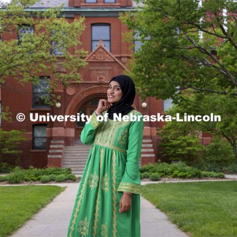 Wijdan Al Mamari an international UNL student from Oman, who is studying in Landscape Architecture poses outside of Architecture Hall. Photo for ASEM recruitment feature story. May 5, 2021. Photo by Craig Chandler / University Communication.  