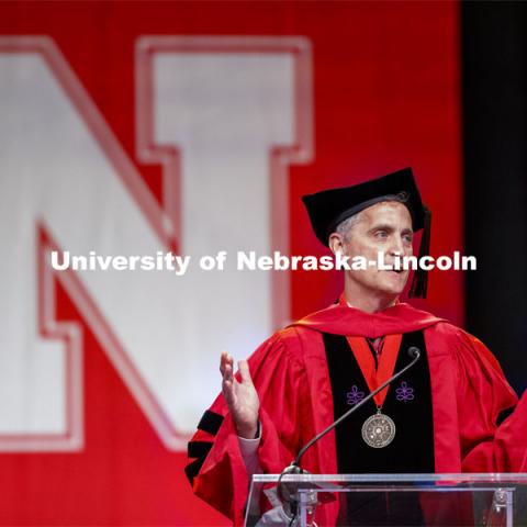 Richard Moberly, Dean of the College of Law, welcomes all to the College of Law Graduation at Pinnacle Bank Arena. May 7, 2021. Photo by Craig Chandler / University Communication.