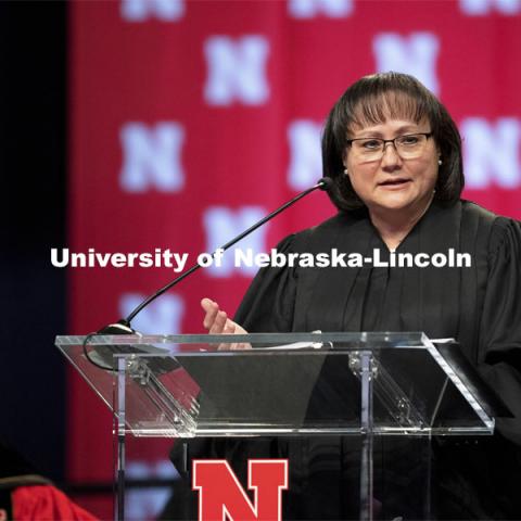 Hon. Riko Bishop, Judge, Nebraska Court of Appeals, and a 1992 Nebraska Law graduate, gives the commencement address. College of Law Graduation at Pinnacle Bank Arena. May 7, 2021. Photo by Craig Chandler / University Communication.
