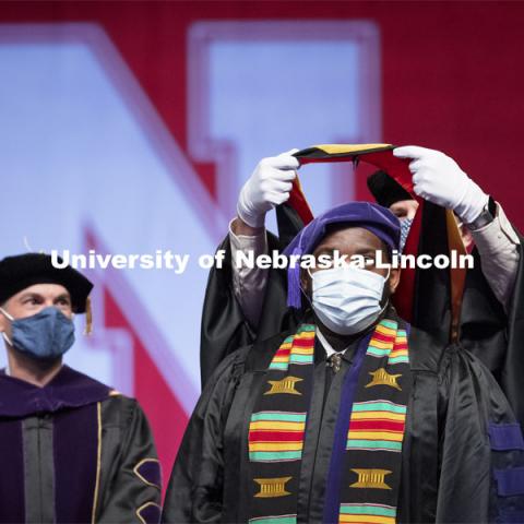 The first graduate of May 2021 is DeAndre’ S. Augustus who received his LL.M. in Space, Cyber and Telecommunication Law. College of Law Graduation at Pinnacle Bank Arena. May 7, 2021. Photo by Craig Chandler / University Communication.