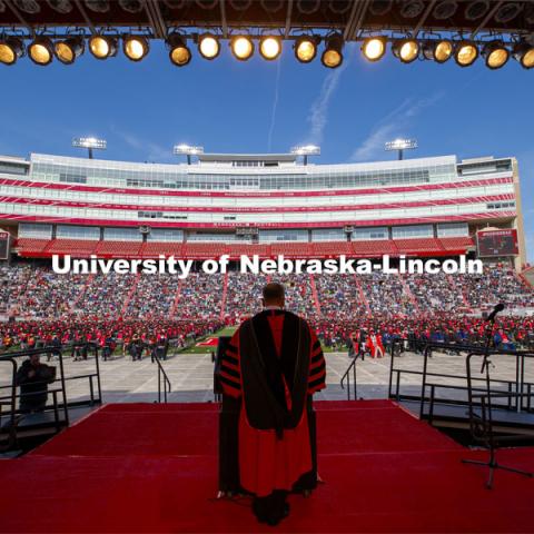 UNL Chancellor Ronnie Green welcomes the graduates and their families to the first in person commencement in over a year and the first in Memorial Stadium. UNL Commencement in Memorial Stadium. May 8, 2021. Photo by Craig Chandler / University Communication.