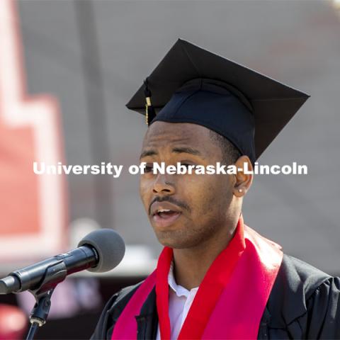 Maurice Garrett, a Bachelor of Music Education degree candidate, sang the National Anthem at the morning ceremony. UNL Commencement in Memorial Stadium. May 8, 2021. Photo by Craig Chandler / University Communication.